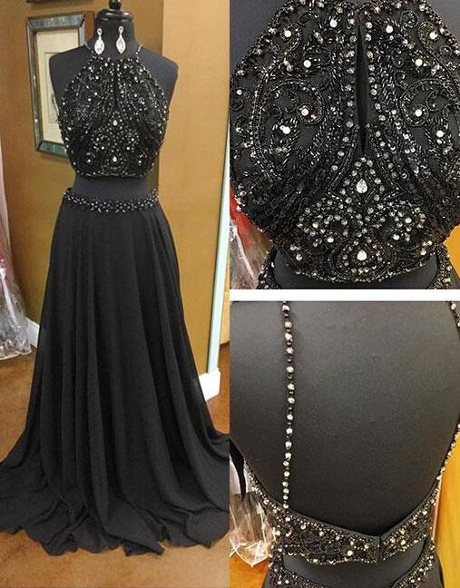Beading Prom Dress,chiffon Prom Dress,sexy Prom Dress,black Prom Dress,two Pieces Long Prom Dress, Black Evening Dress