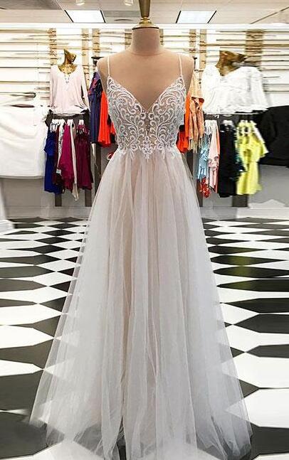 Sex Prom Dress,Tulle Prom Dress,Cheap Beading Prom Dress,A line prom dress,v neck tulle long prom dress, champagne evening dress Prom Gowns, Formal Women Dress 