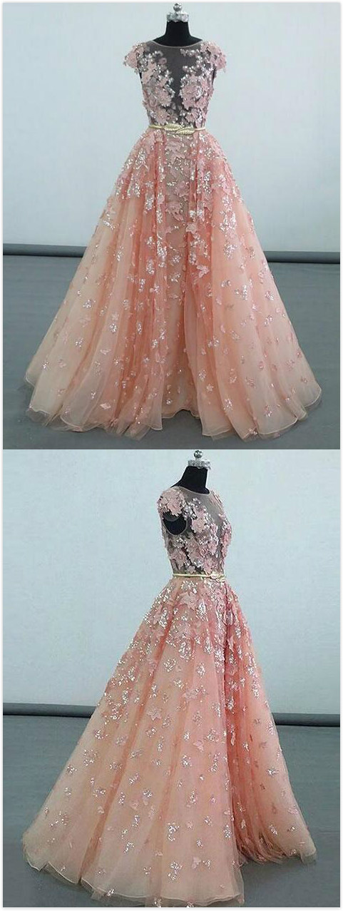 Simple Round Neck Prom Dresses,tulle Prom Dress, Prom Dress, Prom Gown,vintage Prom Gowns,pink Lace Sequins Long Prom Gown, Pink Evening Dress