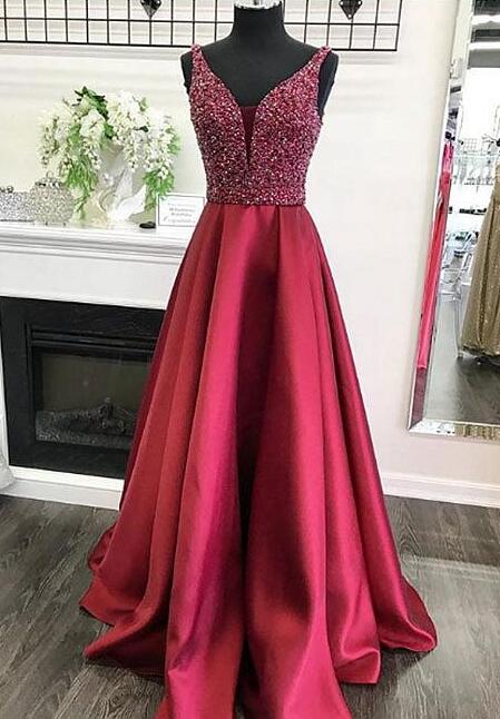 Burgundy Prom Dress,sexy Prom Dress,stain Prom Dress,beading Prom Dress,v Neck Long Prom Dress, Burgundy Evening Dress