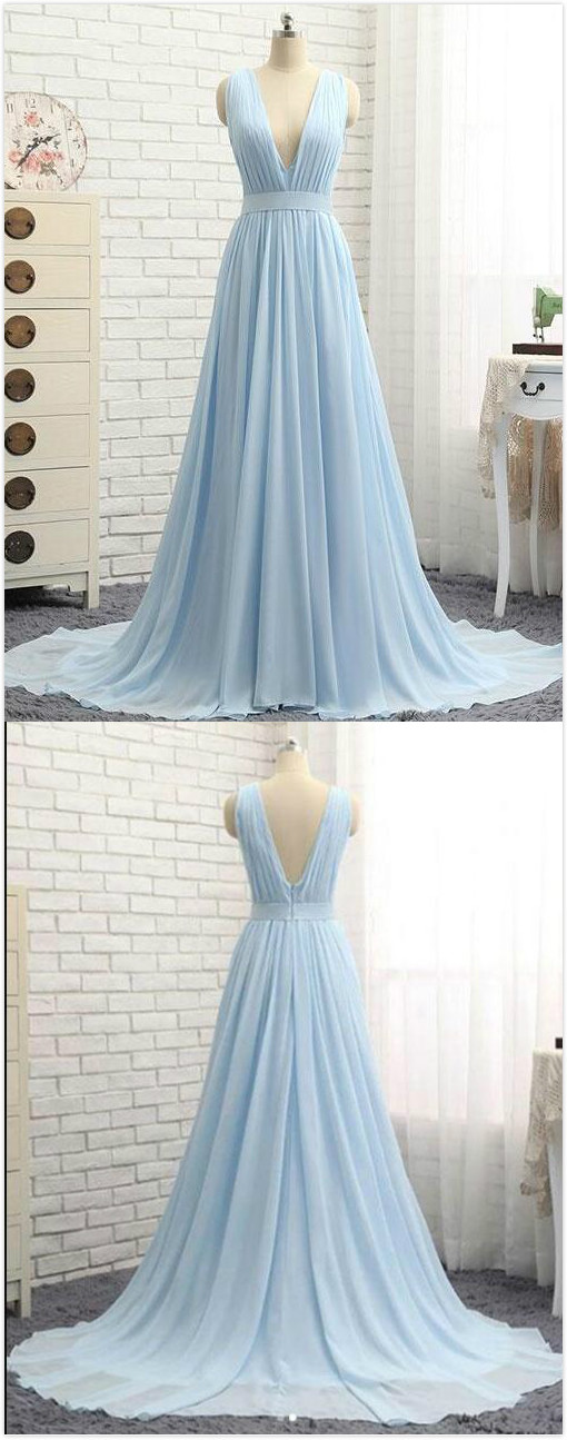 Simple Prom Dress,long Blue Prom Dress,v Neck Chiffon Prom Dress, Prom Dress,long Prom Dress, Blue Evening Dress