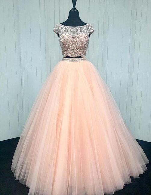 Two Pieces Prom Dress,tulle Long Prom Dress, Aline Prom Dress,sexy Beading Dress, Prom Dress, Pink Evening Dress