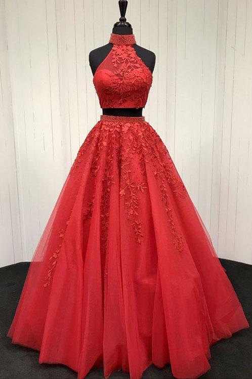 Sexy Two Pieces Prom Dress,lace Prom Dress, Red Evening Dress, Tulle Long Prom Dress,fashion Prom Dress,sexy Party Dress,custom Made Evening