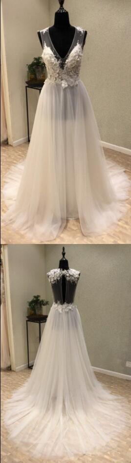 Beauty Chiffon Wedding Dress, V Neck Wedding Dress, Wedding Dress,seen Through Back Beach Long Wedding Dress