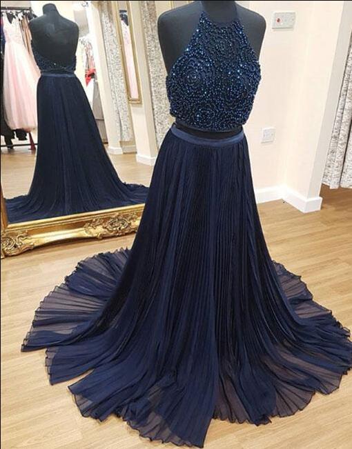 Dark Blue Prom Dress,two Pieces Prom Dress,sexy Prom Dress,beading Prom Dress,long Prom Dress, Formal Dress