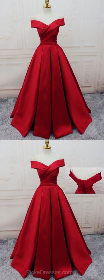 Gorgeous Red Prom Dresses, Off-the-shoulder Prom Dress,stain Prom Dress, Ball Gown Party Dresses Satin, Sweep Train Sashes / Ribbons Formal