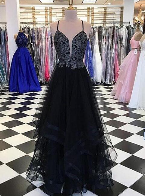 Black V Neck Prom Dress,sexy Prom Dress,beading Prom Dress 2018,lace Tulle Long Prom Dress, Black Evening Dress