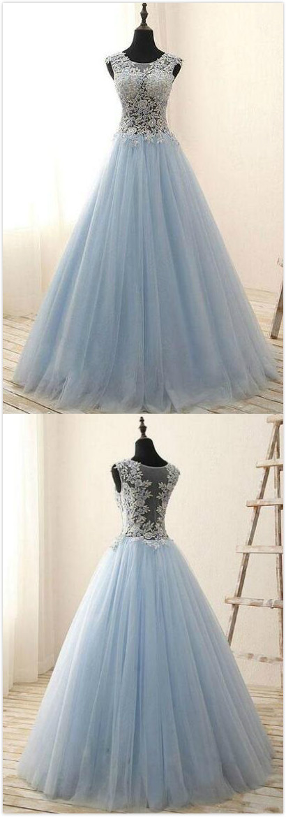 Light Blue Scoop Neck Prom Dress, Prom Dress,tulle Prom Dress,sexy Prom Dress,applique Lace Prom Dress,blue Evening Dress