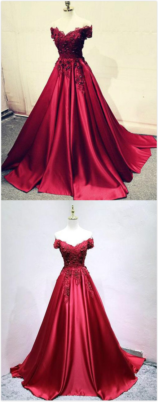 Burgundy Prom Dress,stain Prom Dress,lace Prom Dress,off Shoulder Long Prom Dress, Lace Evening Dress
