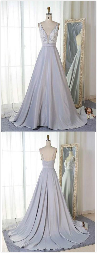 Gray V Neck Prom Dress,sexy Prom Dress,mermaid Prom Dress,lace Long Prom Dress, Evening Dress