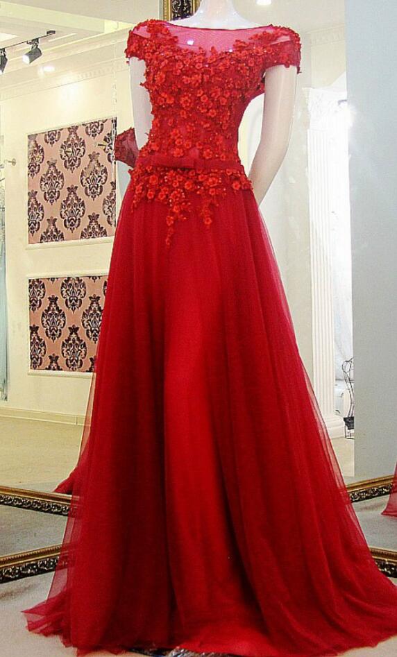 Cap Sleeves Prom Dress,,off The Shoulder Red Prom Dress,lace Prom Dress,appliques Tulle Custom Made Evening Dress
