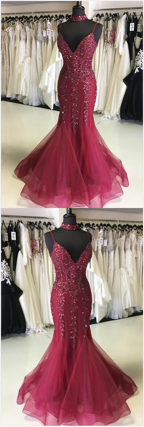 Spaghetti Strap Sexy Prom Dress, Cheap Prom Dress,tulle Prom Dress,V Neck Beaded Prom Dress,Mermaid Long Prom Dress, Evening Dress Featuring Choker Necklace 