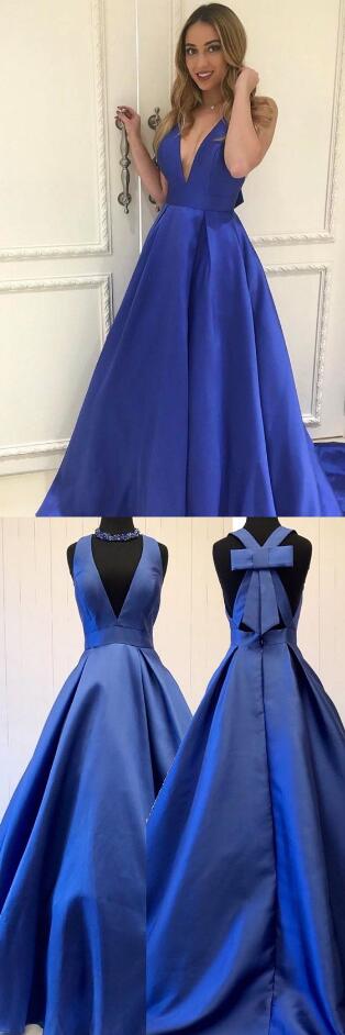 Royal Blue Plunge Prom Dress,stain Prom Dress,v Sleeveless Floor Length Prom Dress,a-line Formal Dress Featuring Bow Accent Open Back,long Prom