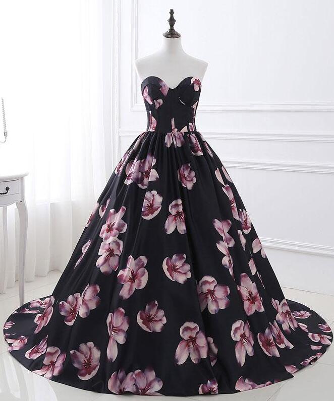 Custom Made Sakura Floral Print Blue Strapless Sweetheart Neckline Full Length Prom Dress