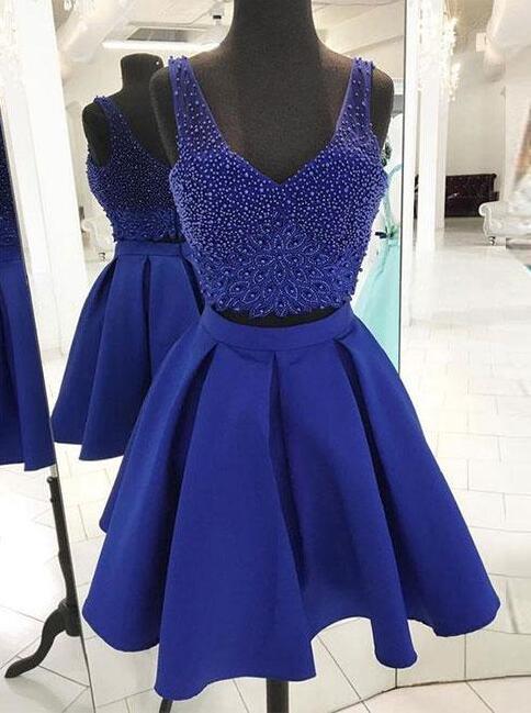 Blue Beaded Prom Dress,sexy Prom Dress, Prom Dress,two Pieced Homecoming Dress,a Line Short Prom Dress,blue Homecoming Dress