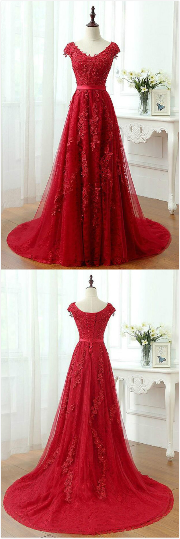 Charming Tulle Prom Dress,mermaid Prom Dress,lace Prom Dress,sexy Prom Dress,applique Lace Prom Dress,long Cap Sleeve Evening Dresses,red Lace