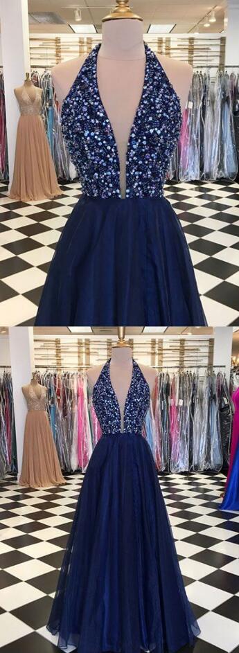 Sexy Prom Dress,v Neck Prom Dress,beading Prom Dress,chiffon Prom Dress,elegant Blue Tulle Prom Dresses, Long Evening Dress, Formal Gown