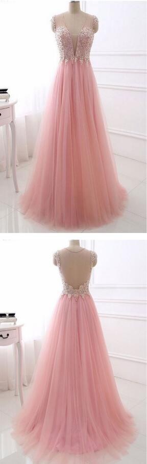 Pink V-neck Prom Dress,chiffon Prom Dress, Prom Dress,sexy Prom Dress,beading Long Tulle Prom Dresses,party Dresses,fashion Prom Dress