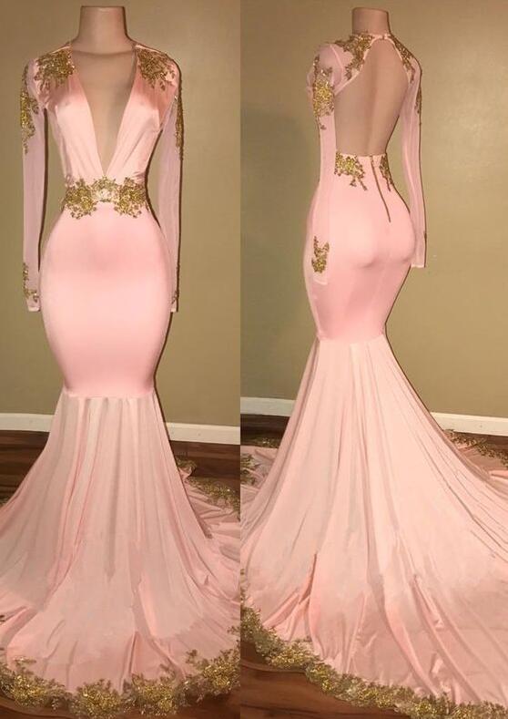 Gorgeous Prom Dress,sexy Prom Dress,lace Prom Dress,long Sleeve V-neck Prom Dress, 2018 Mermaid With Gold Crystal