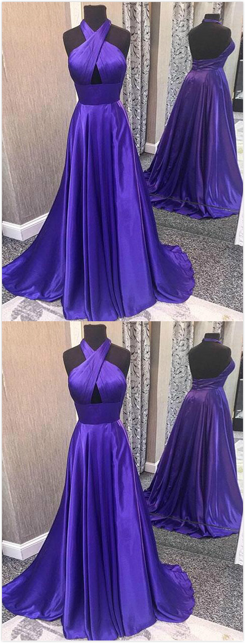 Floor Length Prom Dress,backless Prom Dress,stain Prom Dress,satin Tie-halter Prom Dress,a-line Formal Dress ,featuring Cutout Front And Open