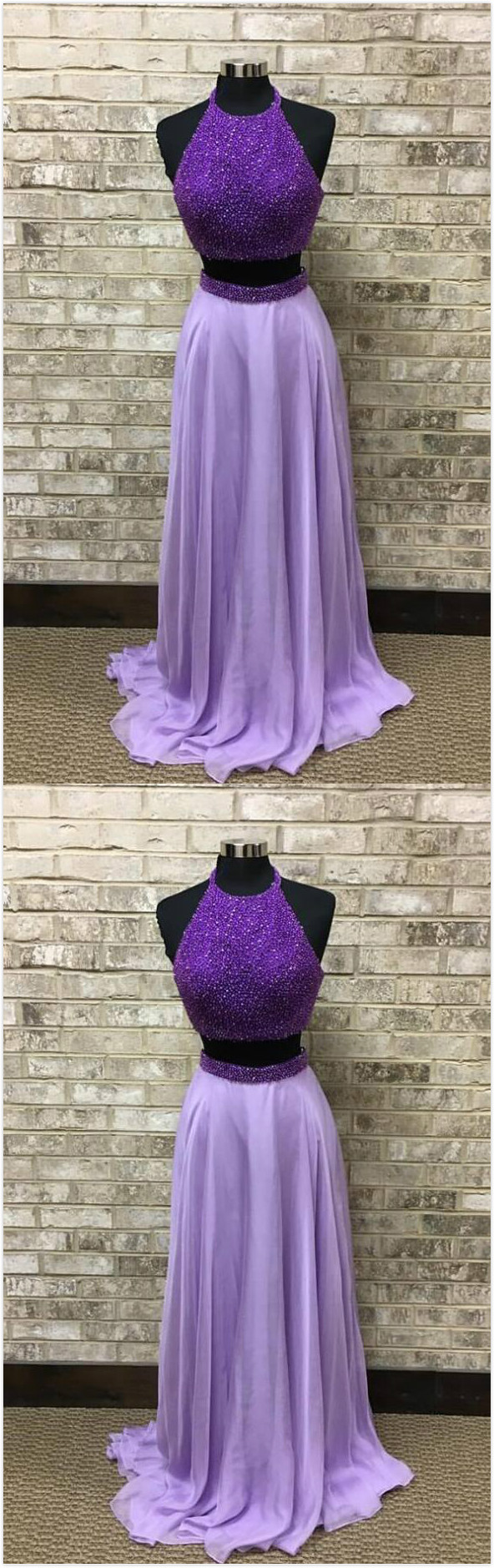 Lavender Two Piece Prom Dress,sexy Long Sleeveless Prom Dress,chiffon Prom Dresses ,sexy Evening Dresses ,elegant Formal Gowns ,open Back Beaded