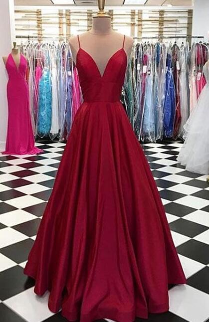 Simple Prom Dress, Prom Dress,spaghetti Straps V-neck Prom Dress,burgundy Prom Dress,satin Formal Dress