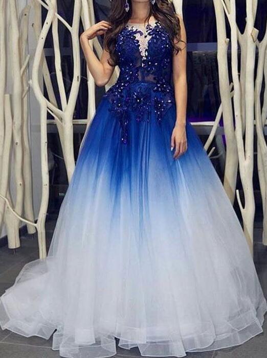 white and blue prom dress