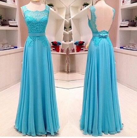 Long Blue Prom Dress , Prom Dresses ,custom Made Sleeveless Lace Prom Dress, Chiffon 2018 Prom Dress