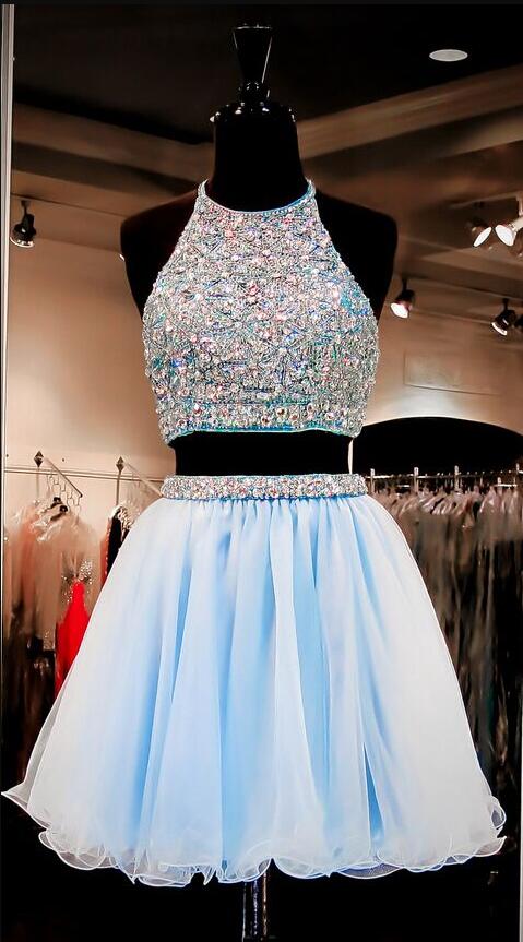 Tulle Homecoming Dress ,2 Pieces Prom Dress,light Sky Blue Homecoming Dresses ,sexy Prom Dress, Two Piece Cocktail Dresses ,sweet 16 Gowns