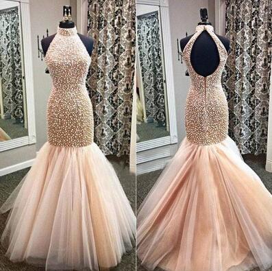 Beading Prom Dresses,Mermaid Prom Gown,Champagne Prom Dresses,Mermaid Prom Gowns,Tulle Prom Dresses,Backless Evening Gonw With Beading For Teens
