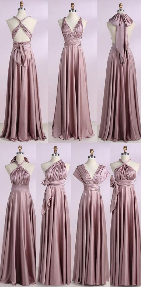 Blush Stretch Satin Prom Dress,long Bridesmaid Dress,a-line V-neck Prom Dress,convertible Prom Bridesmaid Dress