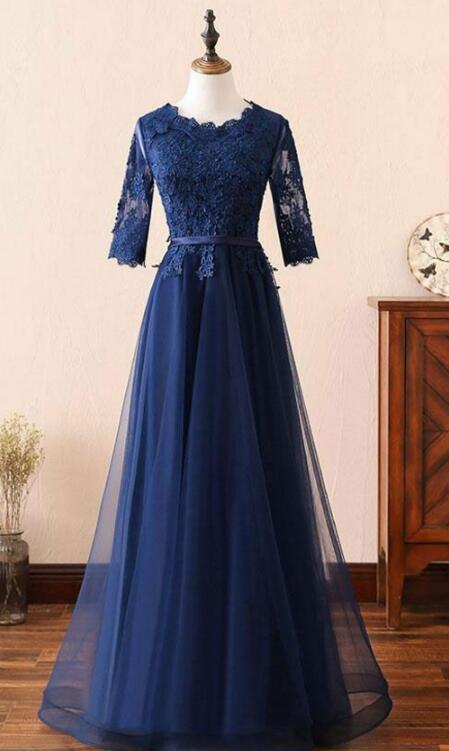 Navy Blue Prom Dress,lace Prom Dress, Tulle Prom Dress, Selling Prom Dress,long Prom Dresses With Half Long Sleeves Prom Dress,mother Of The