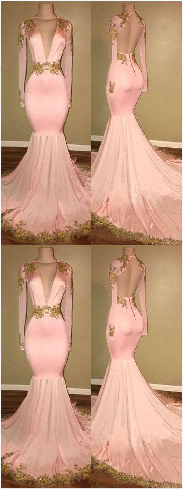 Sweep/brush Train Prom Dress,mermaid Prom Dress,vneck Long Sleeves