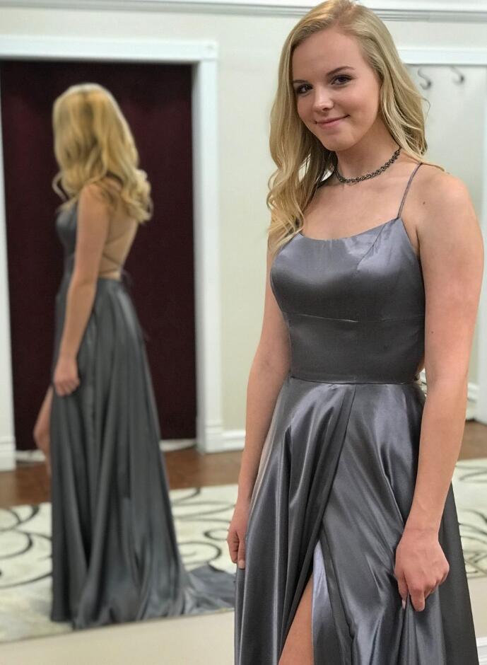 grey satin prom dress