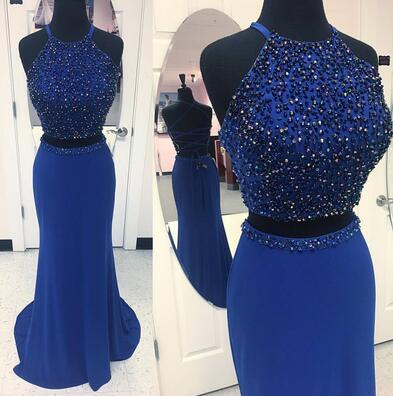 Long Formal Prom Dress, Sparkly Beaded Prom Dress,chiffon Prom Dress,sexy Dark Blue Long Evening Dress, Two Piece Party Dresses