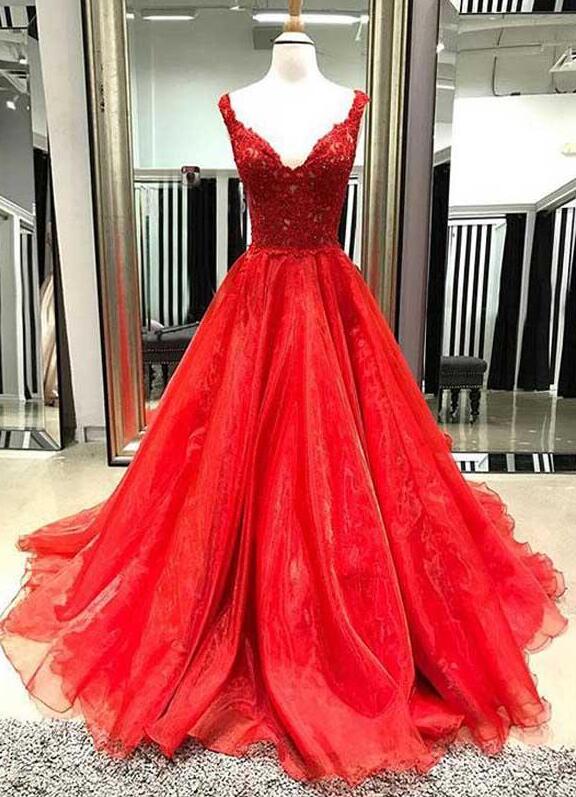 Sexy V-neck Prom Dress,tulle Prom Dress,lace Prom Dress,appliques Red Prom Dresses, Long Evening Dress, Formal Dress