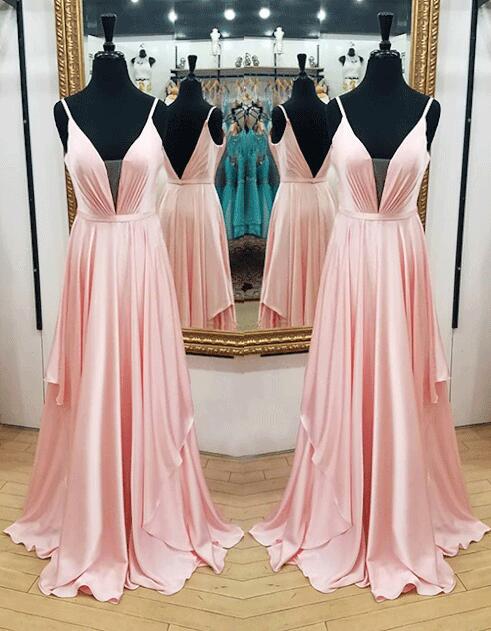 Plunging V Neck Prom Dress,simple Prom Dress,a Line Prom Dress, Blush Pink Long Formal Dress,sexy Evening Gown With Open Back