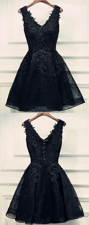 Short Lace Homecoming Dress,black Lace Prom Dress, Sexy Homecoming Dress,v Neck Prom Dress For Teens