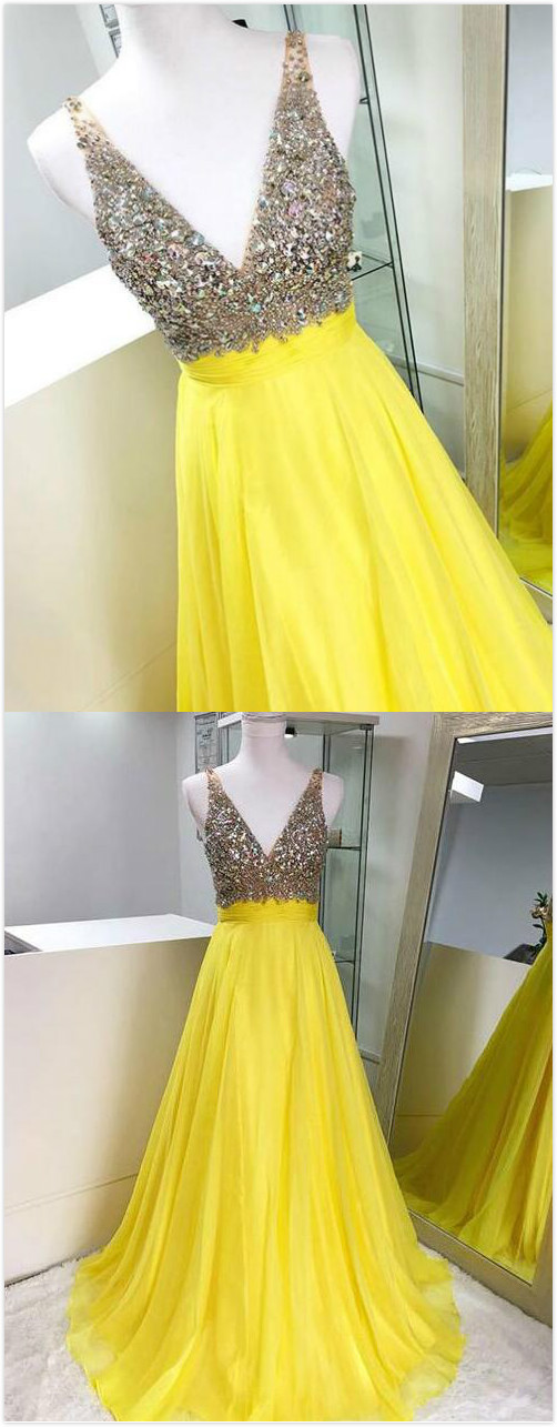 Stunning Yellow Prom Dress,beading Prom Dress,a Line Prom Dress,chiffon Prom Dress,v-neck Rhinestones Prom Dress,straps Chiffon Evening Dress