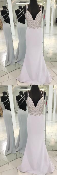 Charming Prom Dress,Cheap Prom Dress,Beading Prom Dress,Spaghetti Straps White Satin Long Prom Dress with Beading
