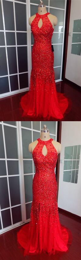 Luxurious Red Prom Dress,sexy Prom Dress,tulle Prom Dress,crystal Beaded Mermaid Hater Prom Dresses Long Tulle Leg Split Evening Gowns