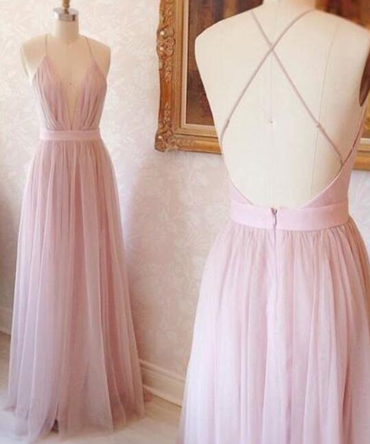 Simple Prom Dress, Prom Dress,pink V Neck Prom Dress, Tulle Long Prom Dress, Evening Dress