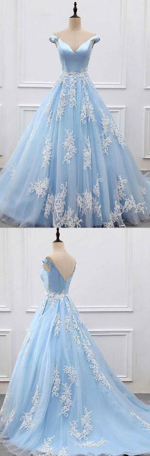 Off-the-shoulder Prom Dress,lace Prom Dress, Prom Dress,court Train Blue Tulle Prom Dress