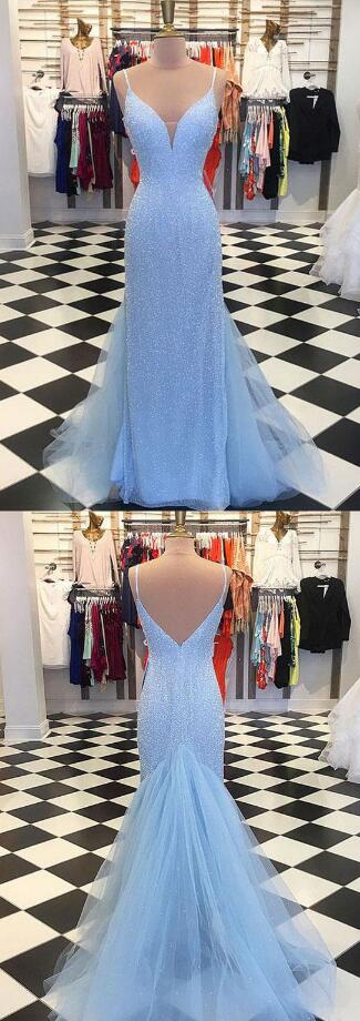 Mermaid Prom Dress,sexy Prom Dress,spaghetti Straps Sweep Train Blue Prom Dress, Prom Dress,sequined Prom Dress