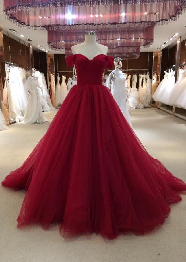 Off Shoulder Tulle Prom Dress, Ball Gown Prom Dress,long Party Dress,wine Red Prom Dresses , Prom Dress