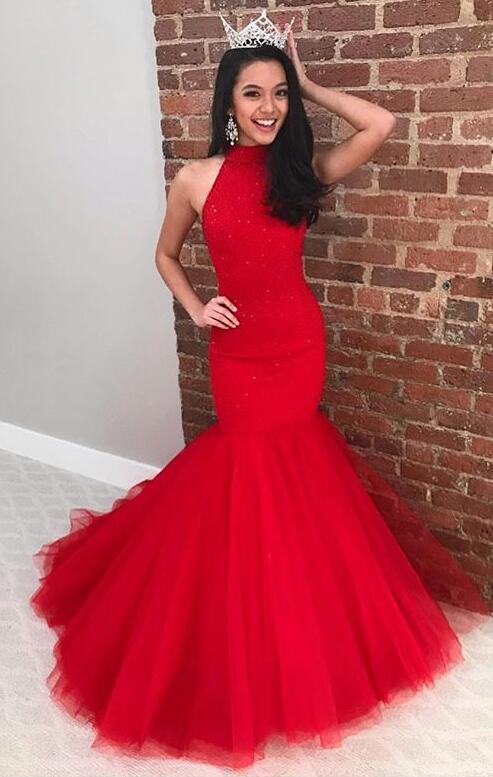 high neck red prom dress