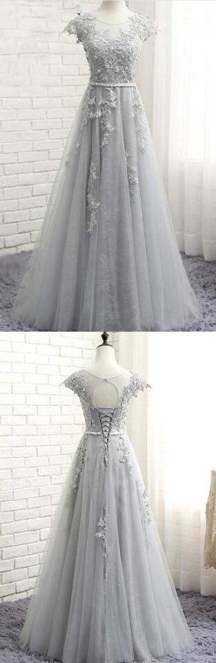 Lace Applique Prom Gowns,sexy Prom Dress, Prom Dress,gray Evening Dresses, A-line Evening Gowns, Cocktail Dresses Custom