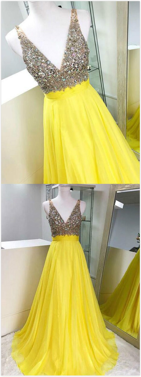 Stunning Yellow Prom Dress,chiffon Prom Dress,beading Prom Dress,v-neck Rhinestones Prom Dress,straps Chiffon Evening Dress