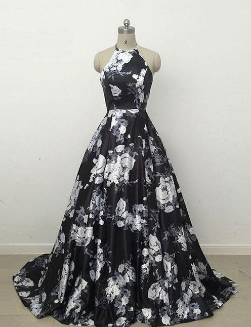 Black Flower Prom Dress,printing Prom Dress,sexy Prom Dress,ball Gown Halter Prom Dress,satin Long Prom Dress Black Evening Dress