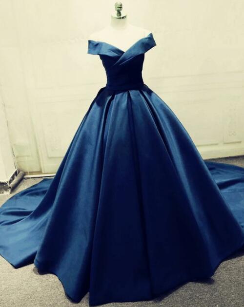 Navy Blue Prom Dress,ball Gown Prom Dresses ,sexy Prom Dress,satin Off The Shoulder Evening Gowns